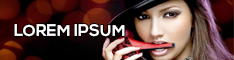 Woman with purple hair holding a red phone to her mouth, overlaid with the text 'LOREM IPSUM' on a dark background.