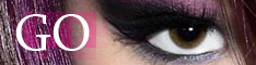 Close-up of a brown eye with dark purple makeup and the white word GO on the left side.