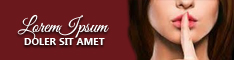 Banner with cursive 'Lorem Ipsum' and 'Doler sit amet' text; close-up of a woman's lips with a finger held to them in a hush gesture.