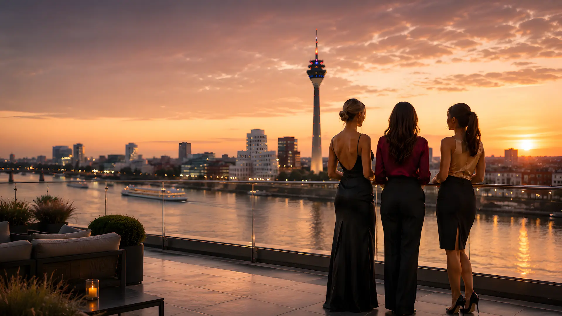 Elegante Escort Damen auf Dachterrasse mit Blick auf die Düsseldorfer Skyline und den Rheinturm bei Sonnenuntergang